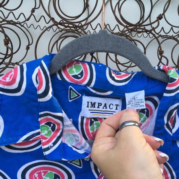 90s Impact blue multi print abstract button down shirt LARGE - Picture 3 of 6